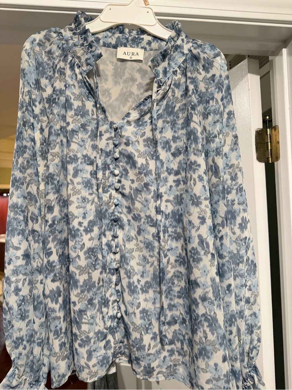 Aura White and Blue Cloud-Print Ruffle Top